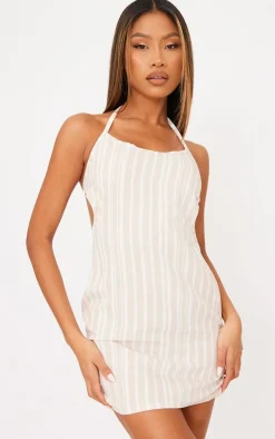 Beige Linen Look Stripe Cut Out Back Tie Shift Dress