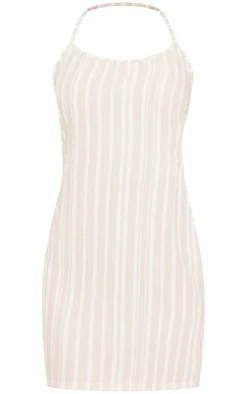 Beige Linen Look Stripe Cut Out Back Tie Shift Dress