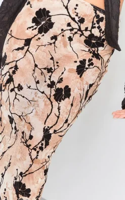 Beige Ombre Print Devore Mesh Maxi Skirt