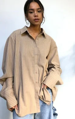 Beige Oversized Pinstripe Cuff Shirt