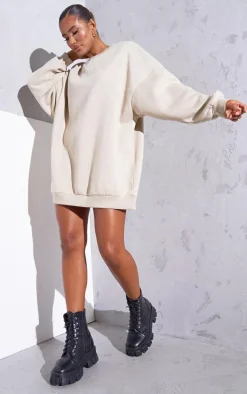 Beige Oversized Sweatshirt Dress