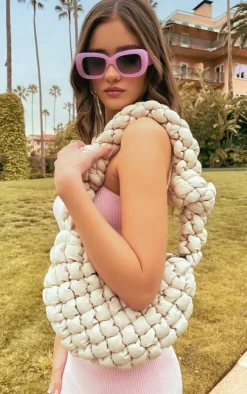 Beige Padded Knot Zip Shoulder Bag