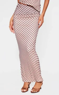 Beige Pinstripe Chiffon Low Rise Maxi Skirt
