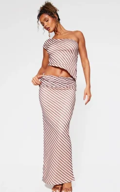 Beige Pinstripe Chiffon Ruched Asymmetric Long Top