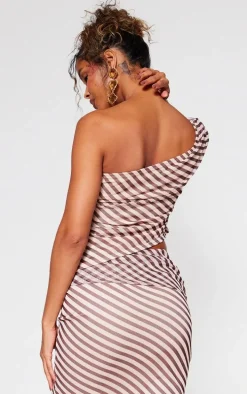 Beige Pinstripe Chiffon Ruched Asymmetric Long Top