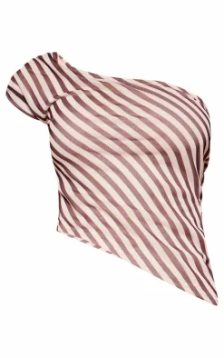 Beige Pinstripe Chiffon Ruched Asymmetric Long Top