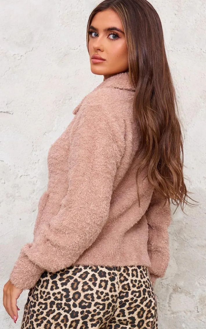 Beige Pocket Detail Zip Up Knitted Jacket