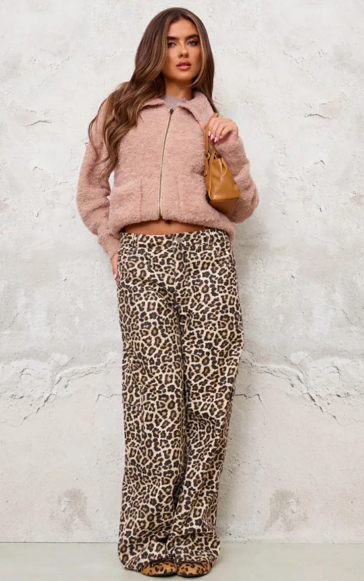 Beige Pocket Detail Zip Up Knitted Jacket