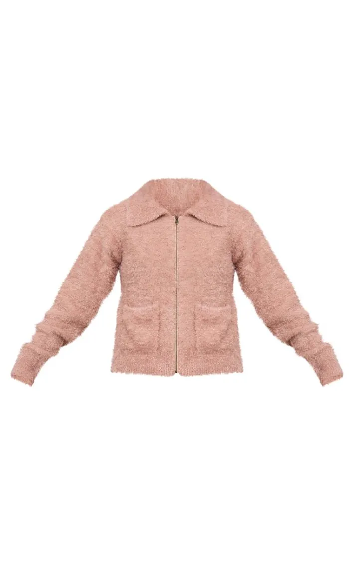 Beige Pocket Detail Zip Up Knitted Jacket
