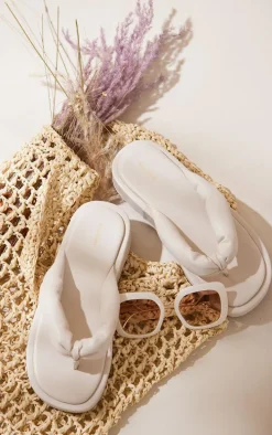 Beige PU Padded Thong Strap Chunky Sandals