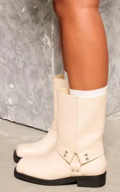 Beige PU Square Toe Buckle Detail Ankle Boots
