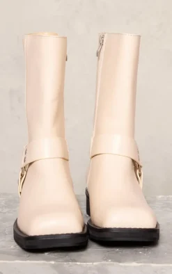 Beige PU Square Toe Buckle Detail Ankle Boots