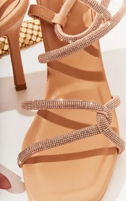 Beige PU Square Toe Diamante Linked Strap High Heeled Sandals