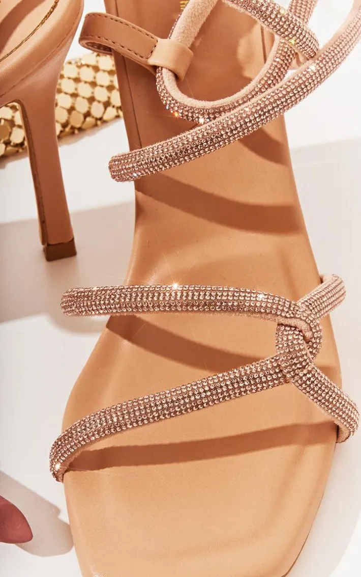 Beige PU Square Toe Diamante Linked Strap High Heeled Sandals