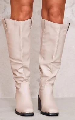 Beige Pu Square Toe Knee High Block Heeled Western Boots