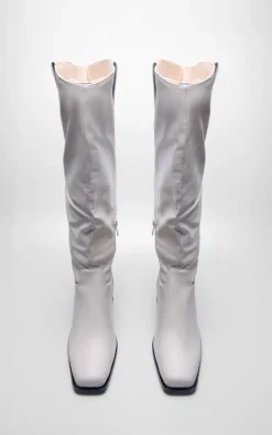 Beige Pu Square Toe Knee High Block Heeled Western Boots