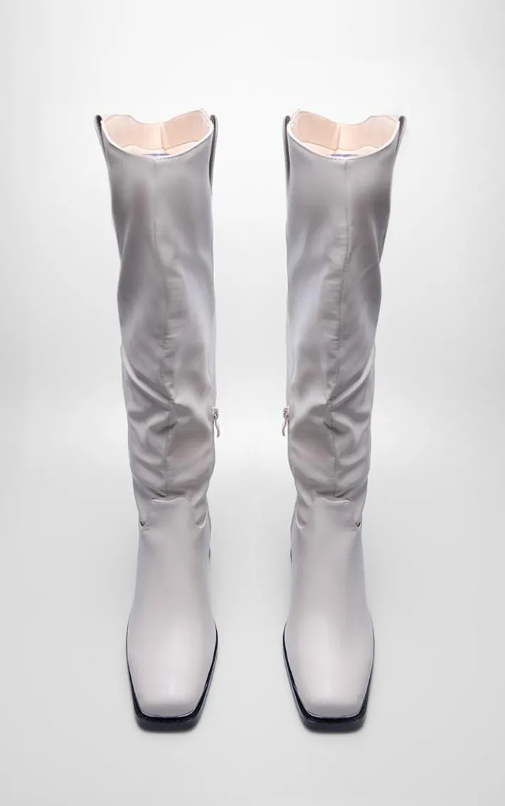 Beige Pu Square Toe Knee High Block Heeled Western Boots