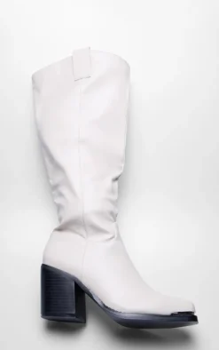 Beige Pu Square Toe Knee High Block Heeled Western Boots