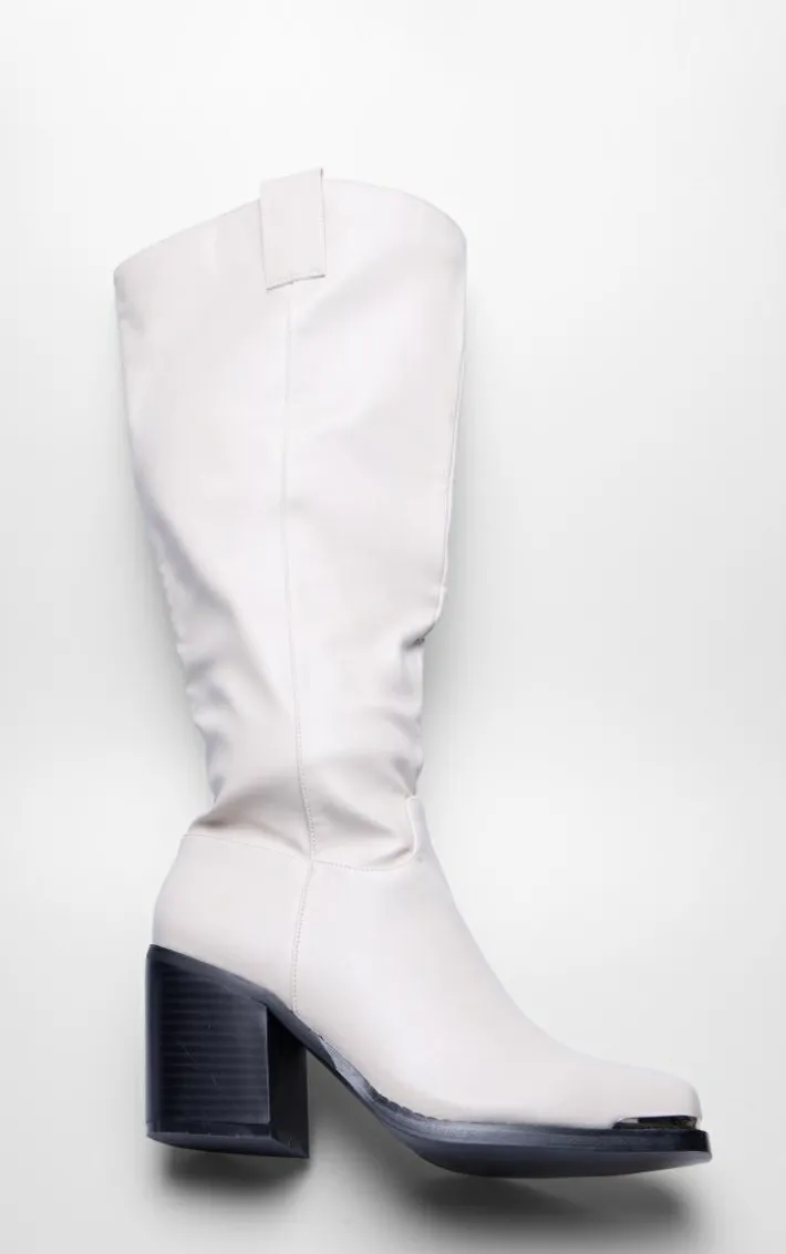 Beige Pu Square Toe Knee High Block Heeled Western Boots