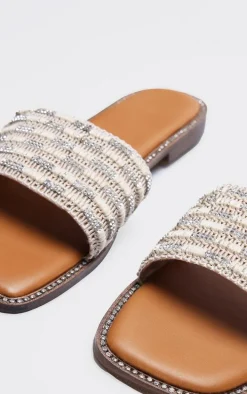 Beige Pu Square Toe Woven Strap Flat Sandals