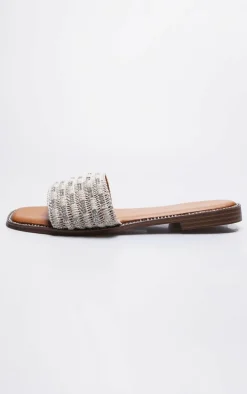 Beige Pu Square Toe Woven Strap Flat Sandals