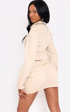 Beige Racer Collar Cropped Denim Jacket