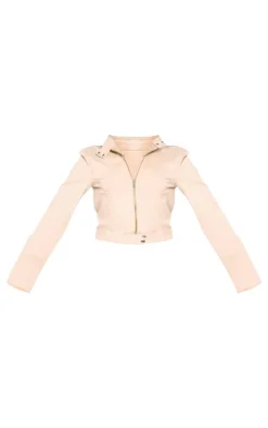 Beige Racer Collar Cropped Denim Jacket