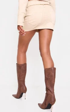 Beige Raw Hem Denim Mini Skirt