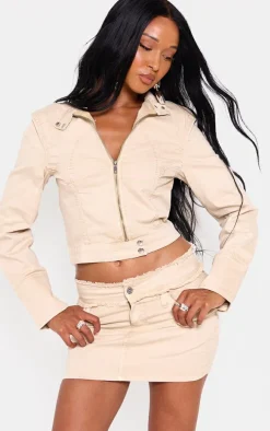 Beige Raw Hem Denim Mini Skirt