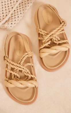 Beige Real Leather Round Toe Rope Twist Strap Flat Sandals