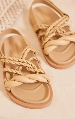 Beige Real Leather Round Toe Rope Twist Strap Flat Sandals