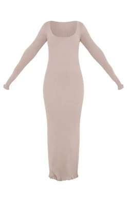 Beige Rib Knit Piquet Hem Maxi Dress