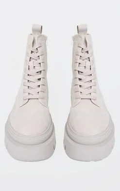 Beige Round Toe Chunky Sole Biker Boots