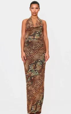 Beige Snake Printed Mesh Cowl Neck Maxi Dress