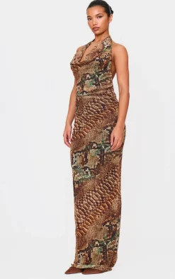 Beige Snake Printed Mesh Cowl Neck Maxi Dress