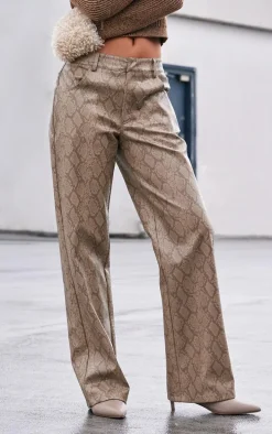 Beige Snake Skin Faux Leather Straight Leg Pants