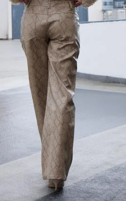 Beige Snake Skin Faux Leather Straight Leg Pants