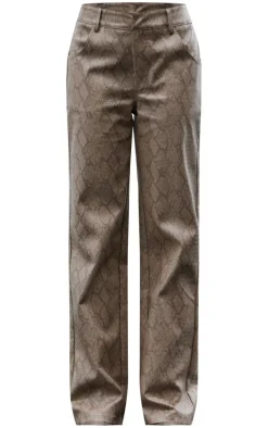 Beige Snake Skin Faux Leather Straight Leg Pants