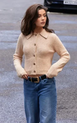 Beige Soft Textured Knit Button Up Collar Detail Cardigan