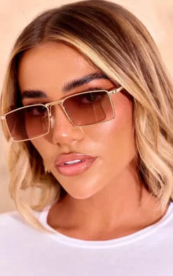 Beige Square Frame Slim Aviator Sunglasses