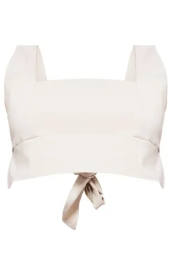 Beige Stretch Woven Tie Back Crop Top