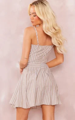 Beige Stripe Cut Out Pleated Shift Dress