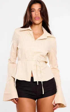 Beige Striped Hook And Eye Flare Sleeve Shirt