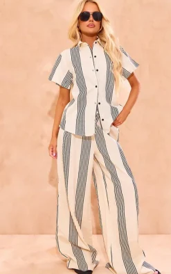 Beige Striped Linen Look Wide Leg Pants