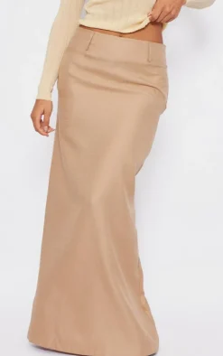 Beige Structured Linen Look Belt Loop Detail Maxi Skirt