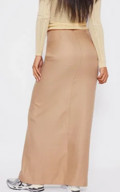 Beige Structured Linen Look Belt Loop Detail Maxi Skirt