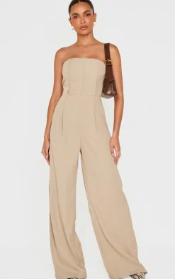 Beige Structured Woven Bandeau Boned Detailed Jumpsuit