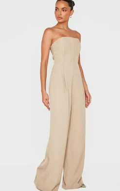 Beige Structured Woven Bandeau Boned Detailed Jumpsuit