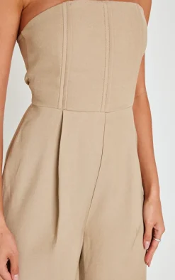 Beige Structured Woven Bandeau Boned Detailed Jumpsuit