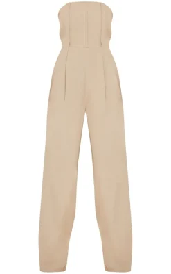 Beige Structured Woven Bandeau Boned Detailed Jumpsuit